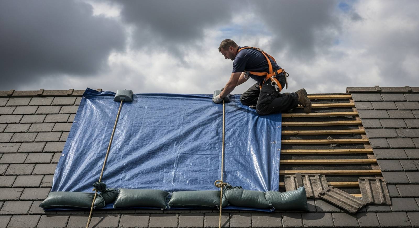 Emergency roof repair after storm damage in Folkestone