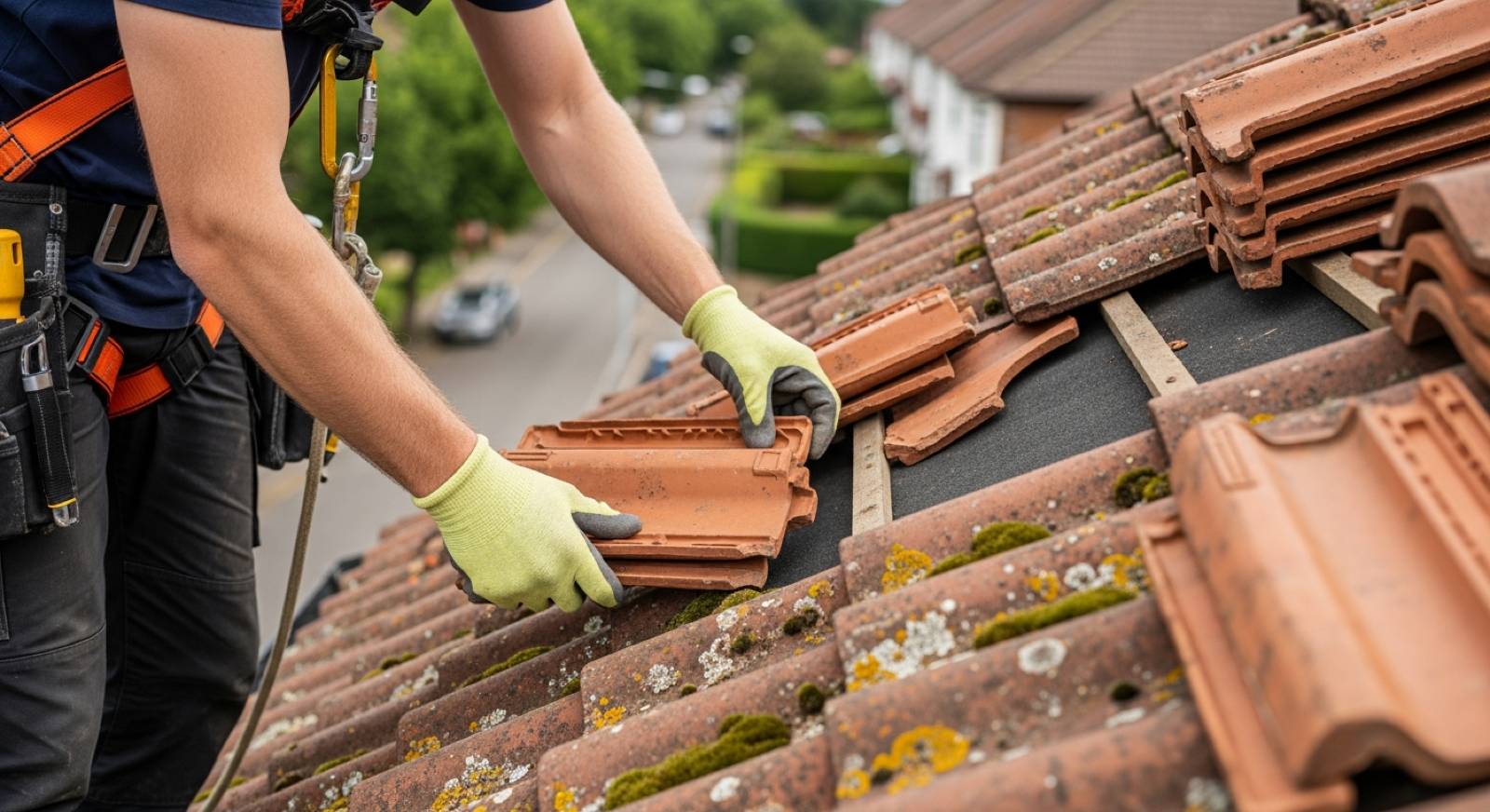 Roofer replacing slipped roof tiles in Folkestone